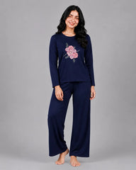 Women Round-Neck Lounge Wear | Flower - Navy Blue