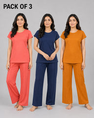 Pack Of 3 Women Cozy Core Lounge Set | Pink, Navy & Mustard