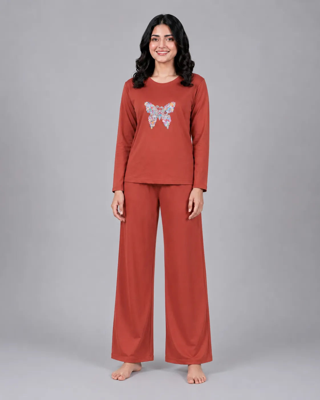Women Round-Neck Lounge Wear | Colored Butterfly - Rusty