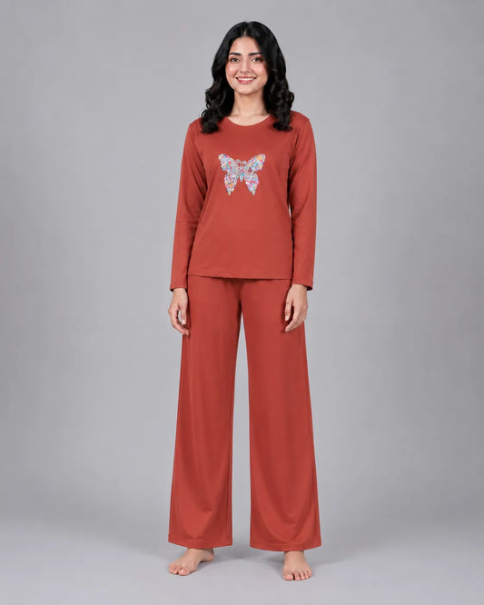 Women Round-Neck Lounge Wear | Colored Butterfly - Rusty