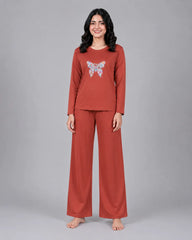 Women Round-Neck Lounge Wear | Colored Butterfly - Rusty