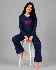 Women Round-Neck Lounge Wear | Tree Heart - Navy Blue