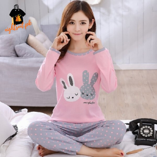 Pink and Grey Rabbit Print PJ Set Sleep Wear