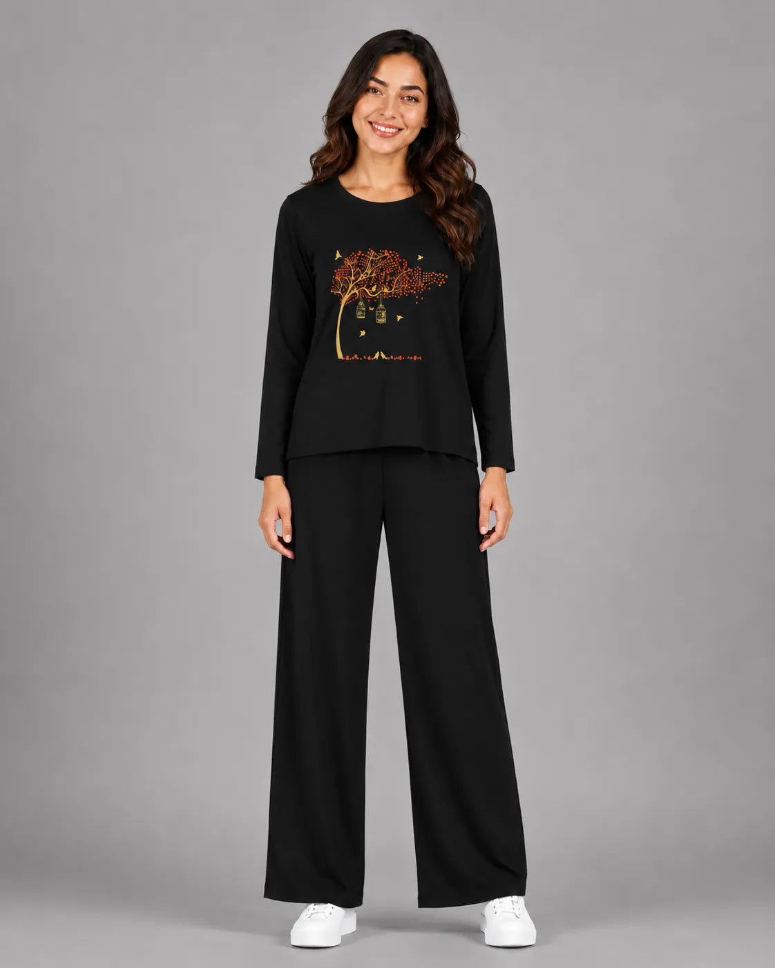 Women Round Neck Lounge Wear | Spring Tree - Black