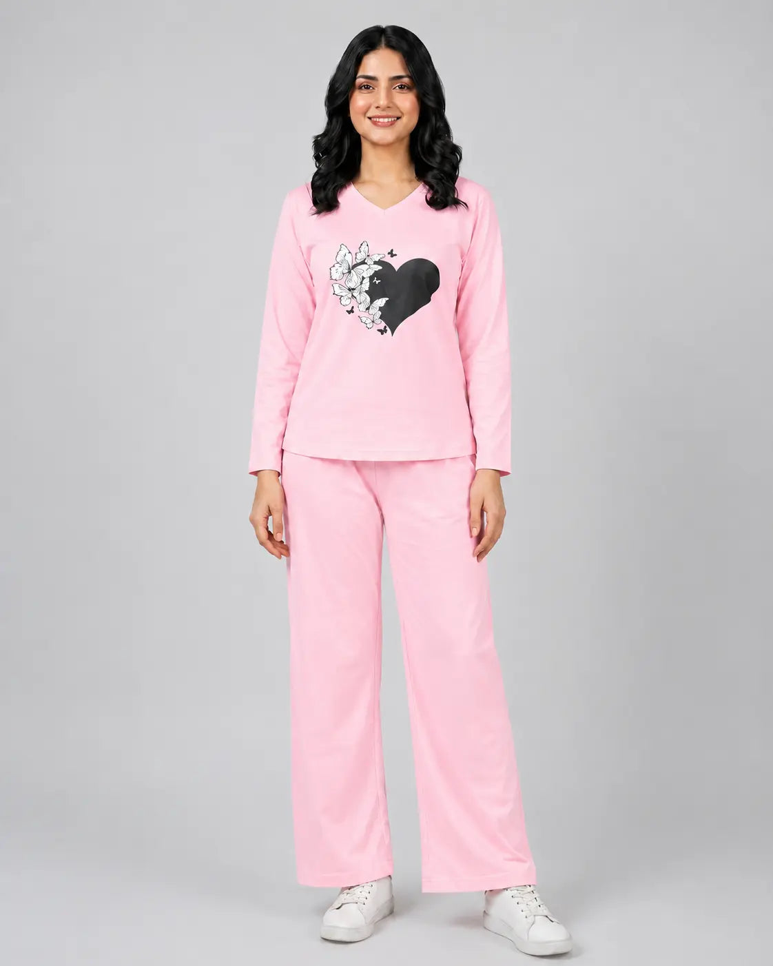 Women V-Neck Lounge Wear | Black Heart - Baby Pink