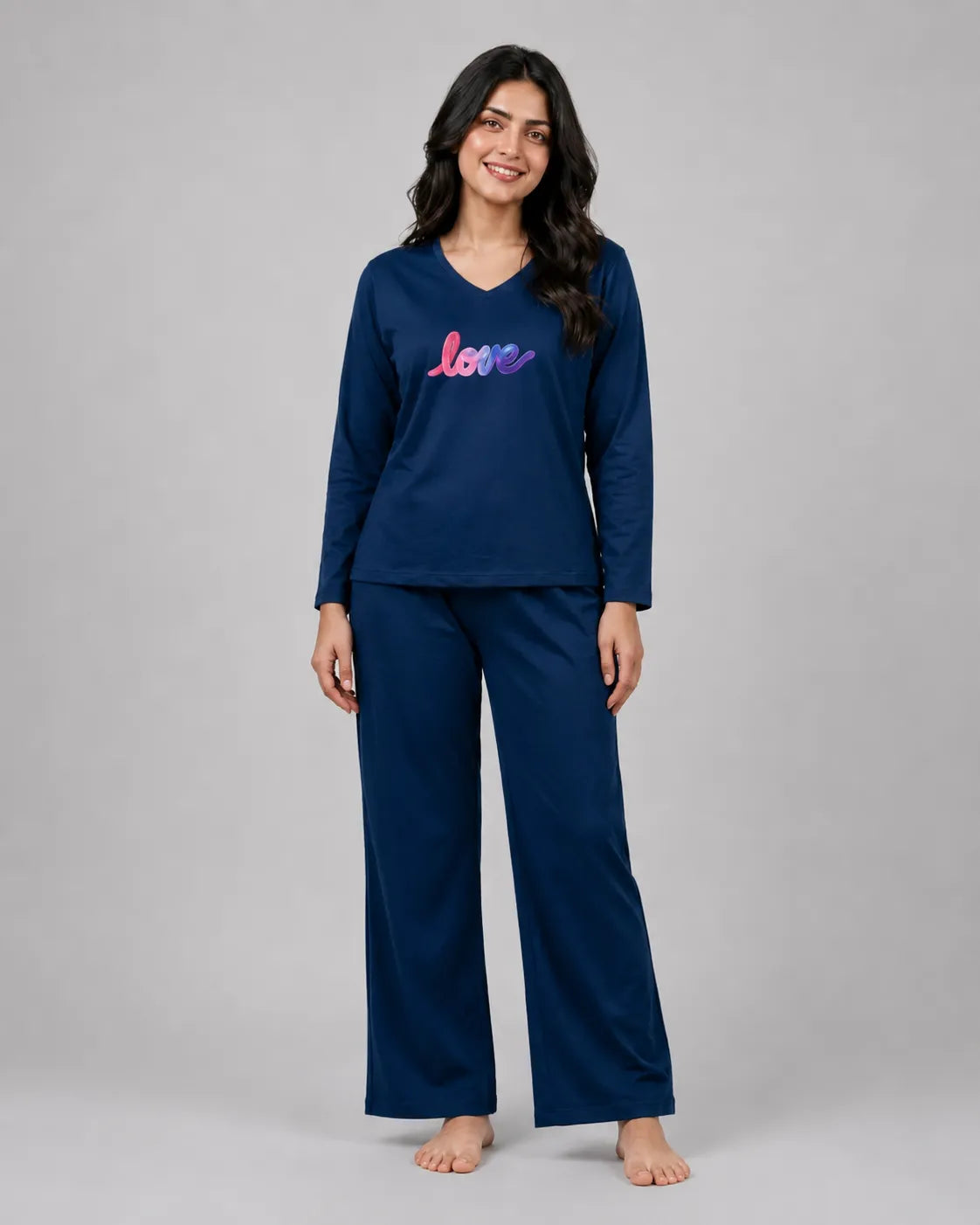 Women V-Neck Lounge Wear | Multi Love - Navy Blue