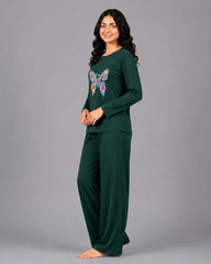 Women Round-Neck Lounge Wear | Colored Butterfly - Sherwood Green