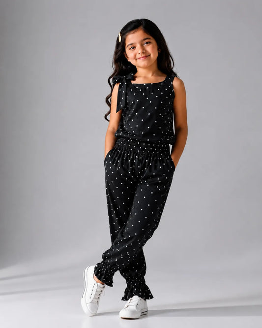 Girls Black Polka Dot Sleeveless Jumpsuit