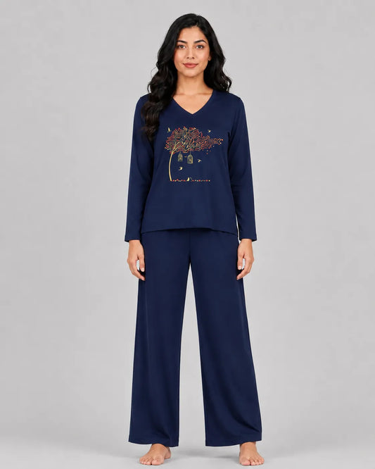 Women V-Neck Lounge Wear | Spring Tree - Navy Blue