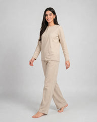 Women Button Style 2 Piece Lounge Wear - Beige