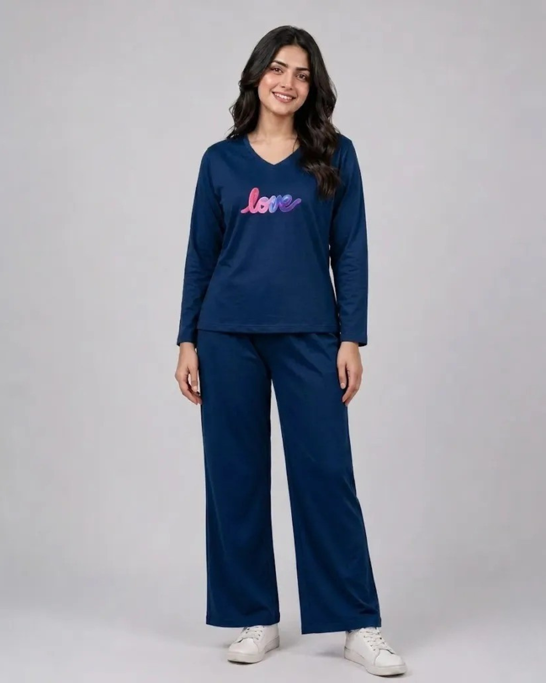 Women V-Neck Lounge Wear | Multi Love - Navy Blue