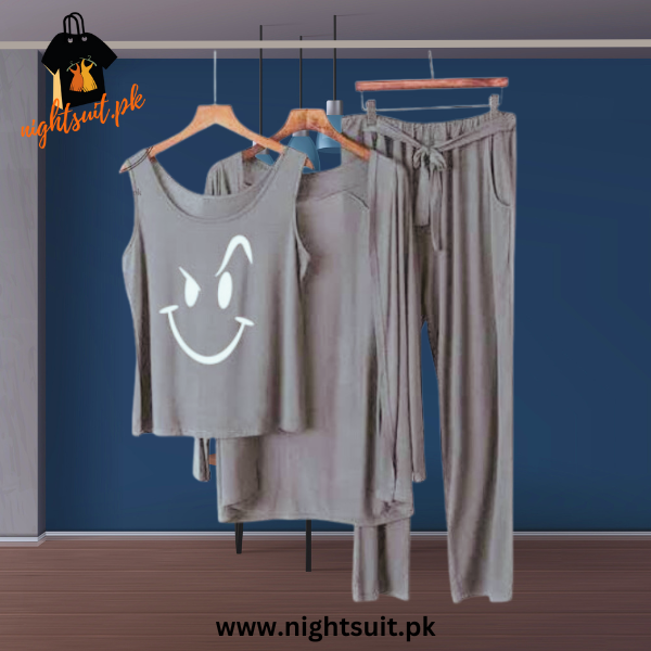 Grey White Smile Women Night Suit PJ 3 Pieces Set