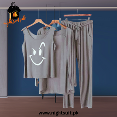 Grey White Smile Women Night Suit PJ 3 Pieces Set