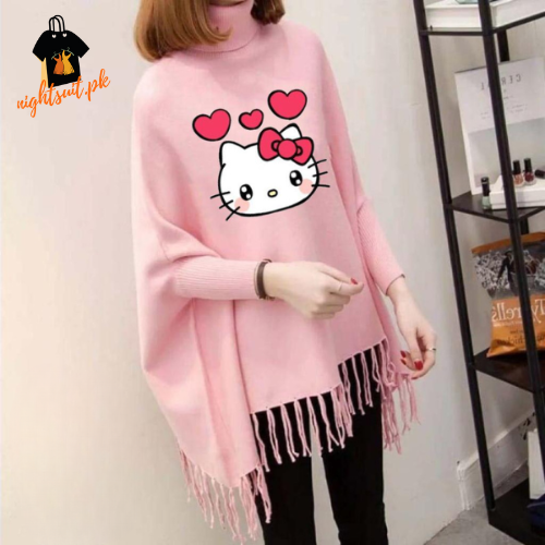 Pink Kitty Printed Poncho