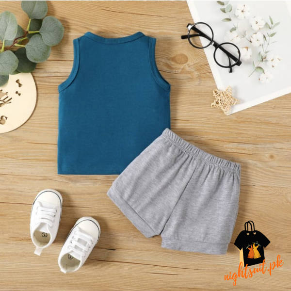 Blue Grey Sleeveless Shorts Set