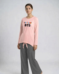 Women Premium 2 Piece Lounge Set | BTS + Cartoons - Pink & Grey