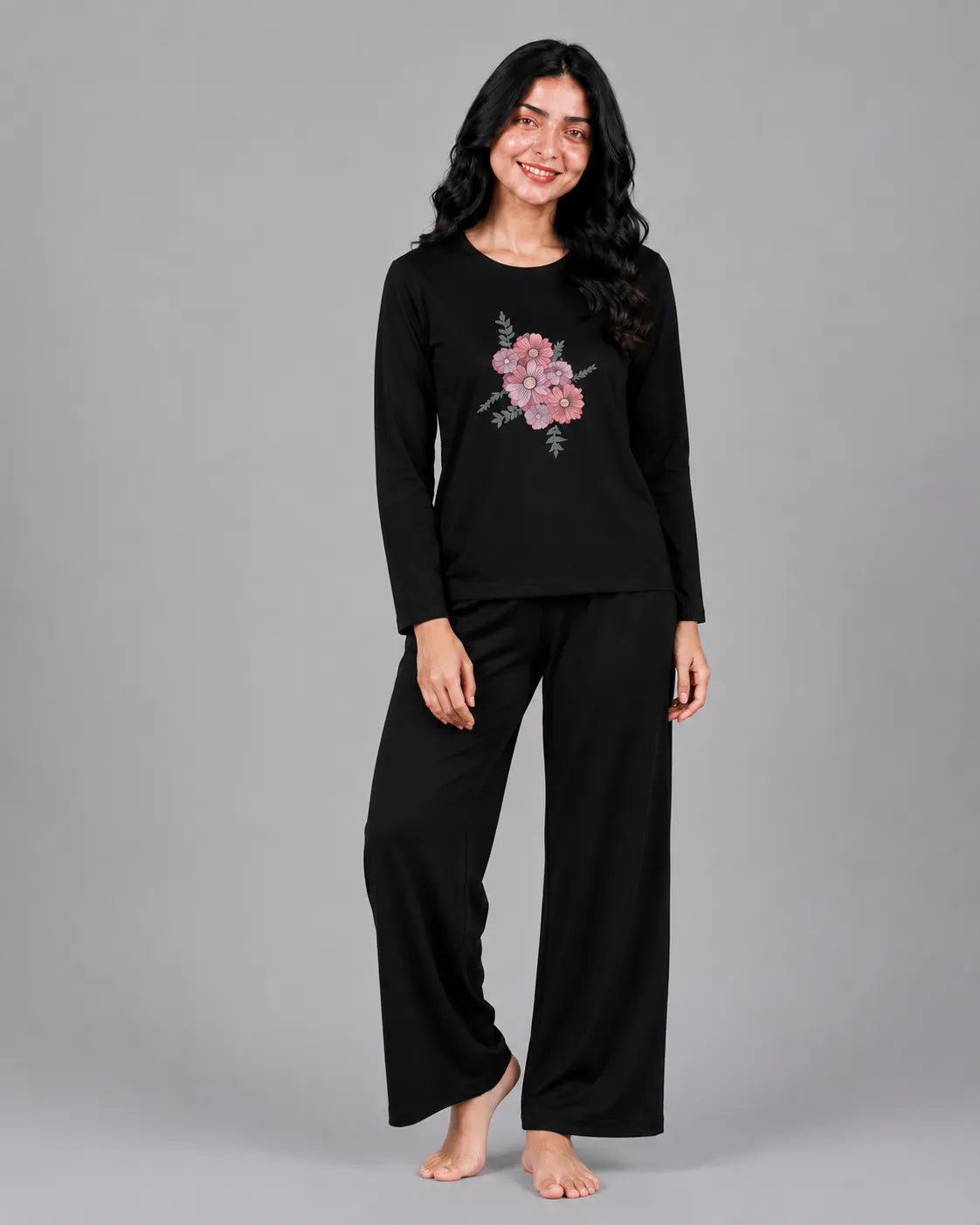 Women Round-Neck Lounge Wear | Flower - Black