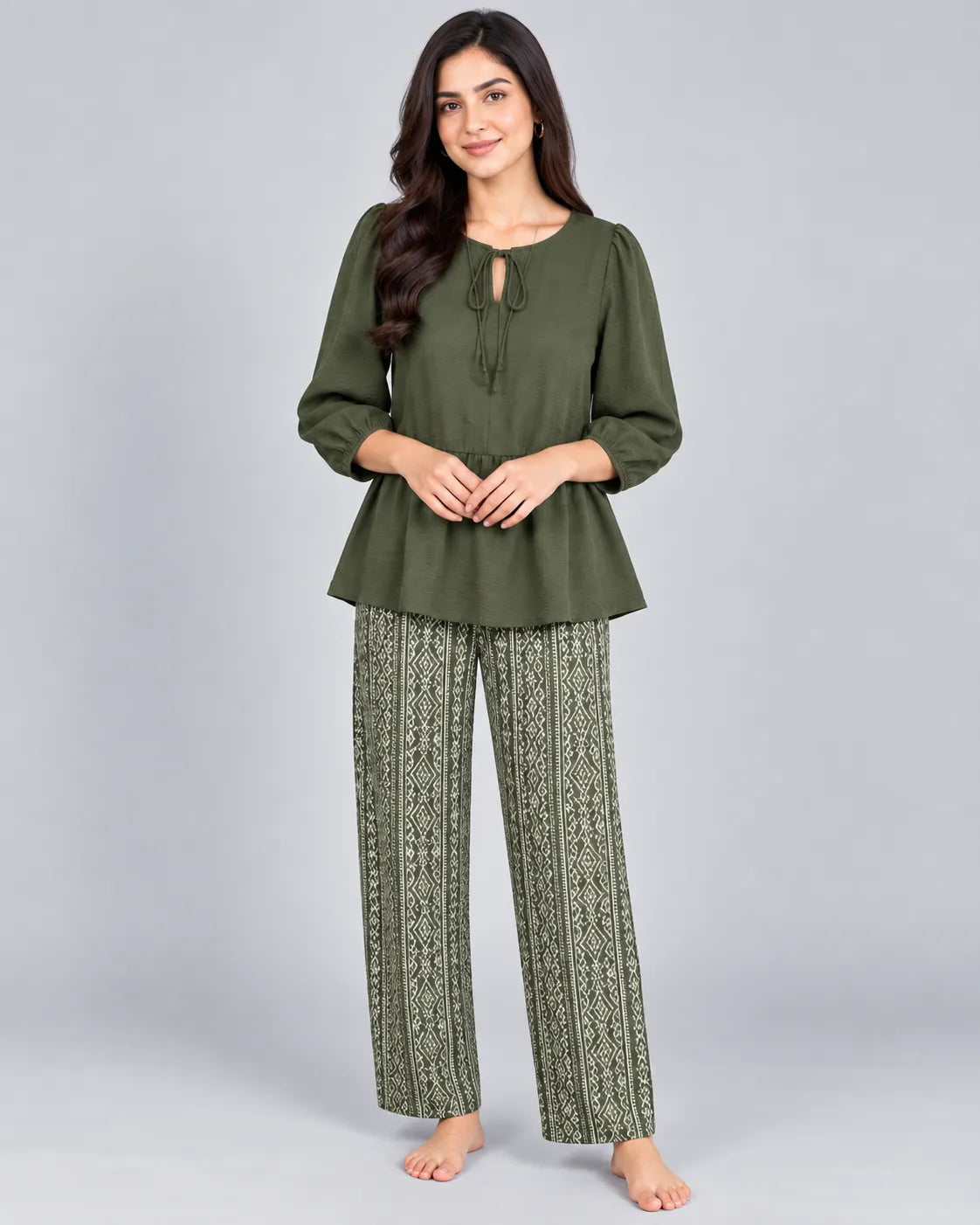 Tie Neck Peplum Co-Ord Set - Olive Green