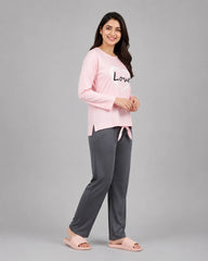 Women Premium 2 Piece Lounge Set | Love Heart - Pink & Grey