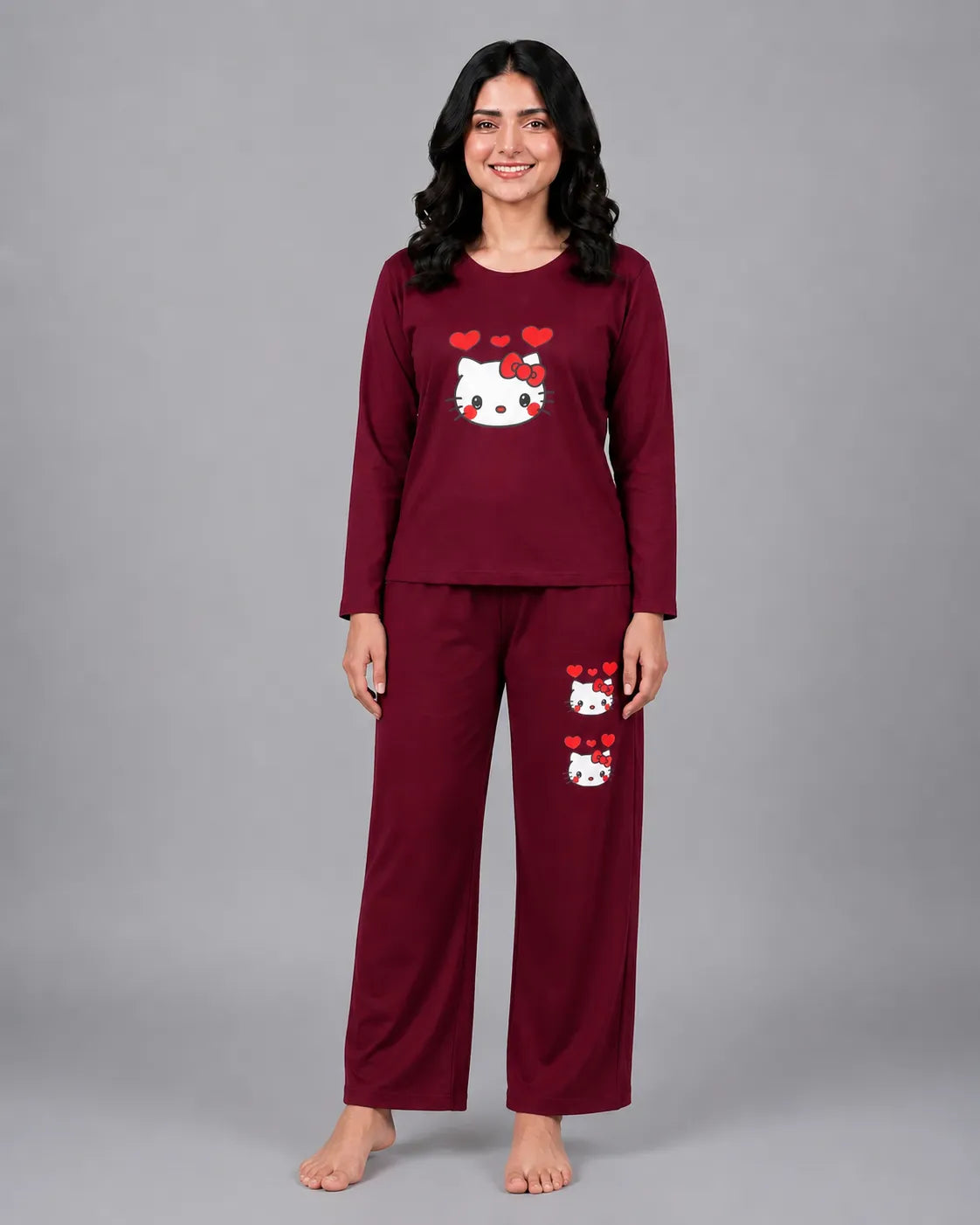 Women Round-Neck Lounge Wear | Hello Kitty - Maroon