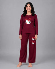 Women Round-Neck Lounge Wear | Hello Kitty - Maroon