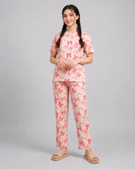 Women Peach Bow Print Tee & Trouser Co-Ord Set