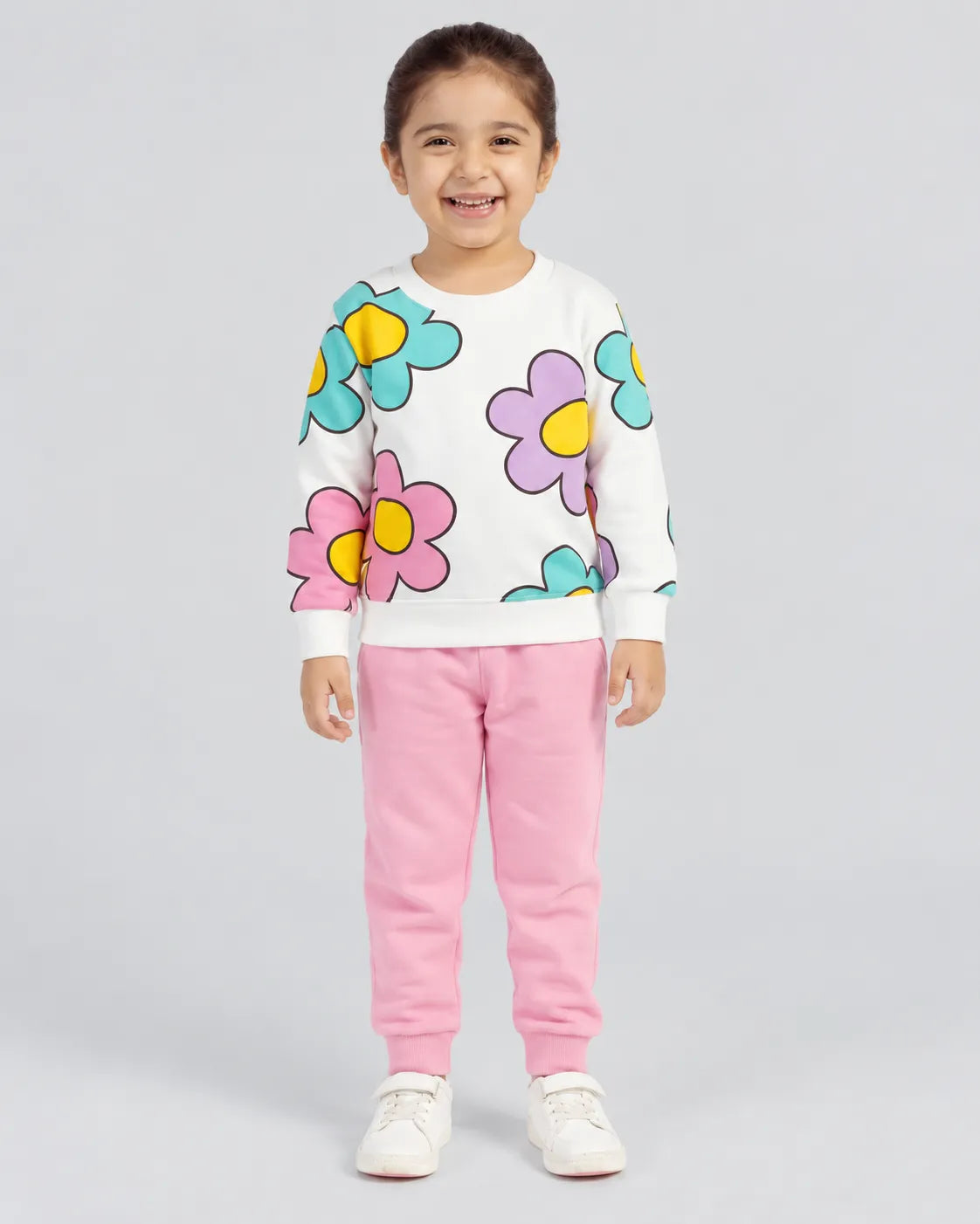Girls Pastel Floral Print Fleece Sweatshirt & Jogger Set - pink