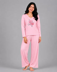 Women V-Neck Lounge Wear | Flower - Baby Pink