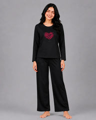 Women Round-Neck Lounge Wear | Tree Heart - Black
