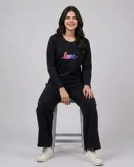 Women Round-Neck Lounge Wear | Multi Love - Black