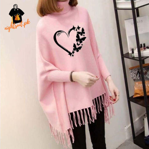 Pink Love Butterfly Printed Poncho