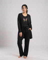 Women 3 Pieces Night Suit - Rainbow Butterfly | Black