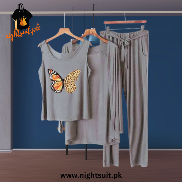 Grey Orange Butterfly Women Night Suit PJ 3 Pieces Set