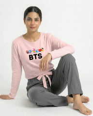 Women Premium 2 Piece Lounge Set | BTS + Cartoons - Pink & Grey