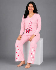 Women V-Neck Lounge Wear | Red Butterfly - Baby Pink