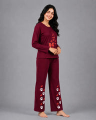 Women Round-Neck Lounge Wear | Red Butterfly - Maroon