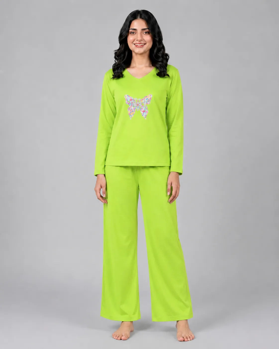 Women V-Neck Lounge Wear | Colored Butterfly - Lemon Yellow