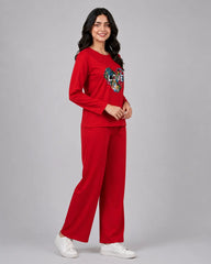 Women Round-Neck Lounge Wear | Love Color - Red