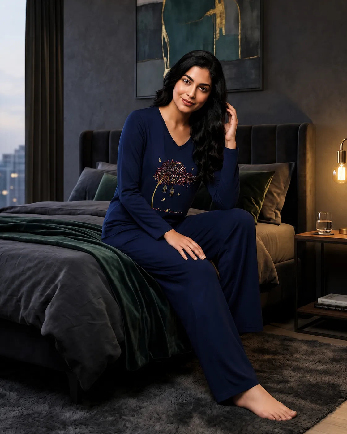 Women V-Neck Lounge Wear | Spring Tree - Navy Blue