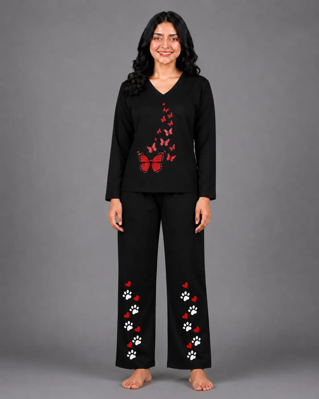 Women V Neck Lounge Wear | Red Butterfly - Black