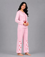 Women Round-Neck Lounge Wear | Red Butterfly - Baby Pink