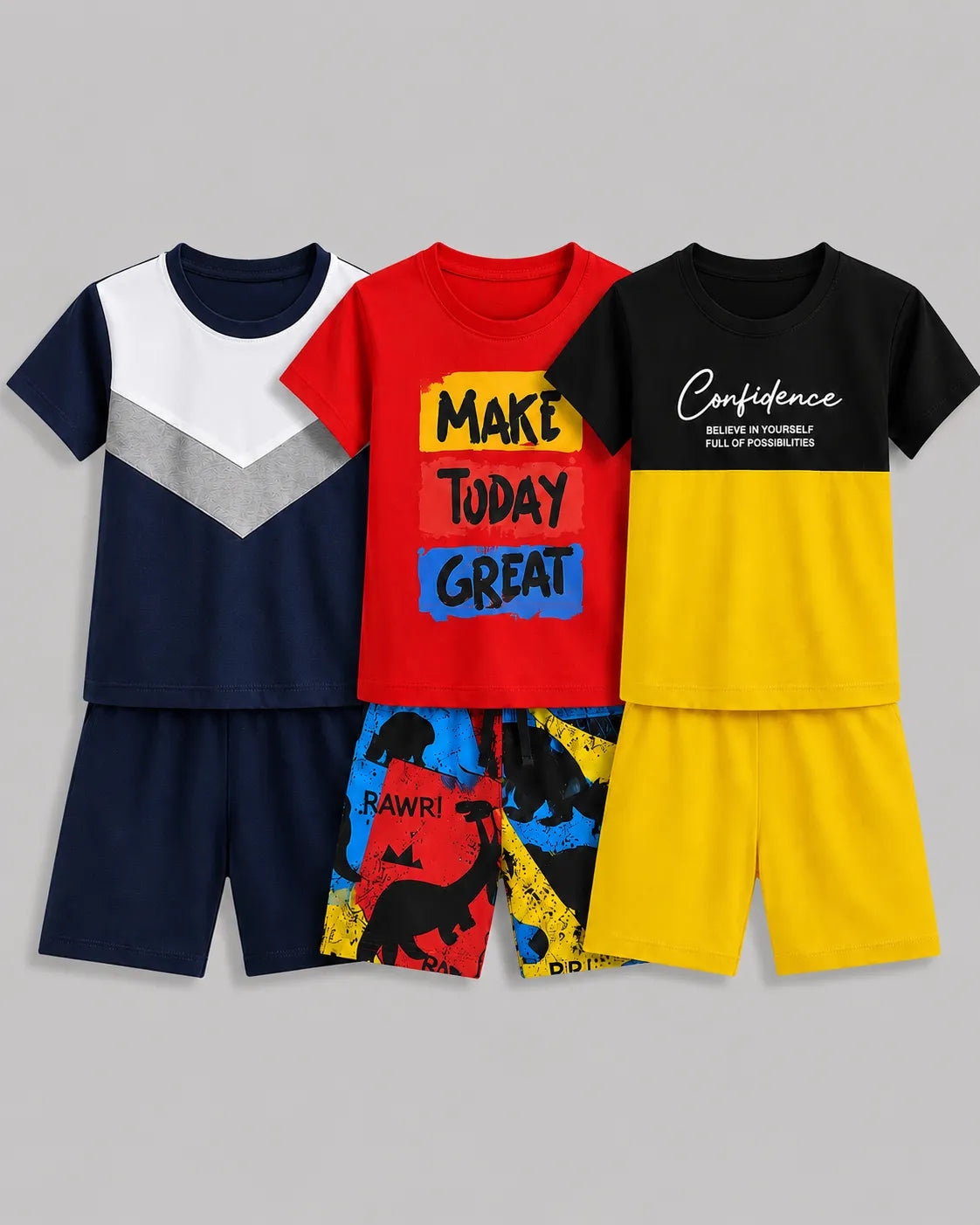 Pack Of 3 Kids Short Set | Confidence, Blue Block & Make Today Great