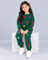 Multi Heart Printed Sweatshirt Set - Green