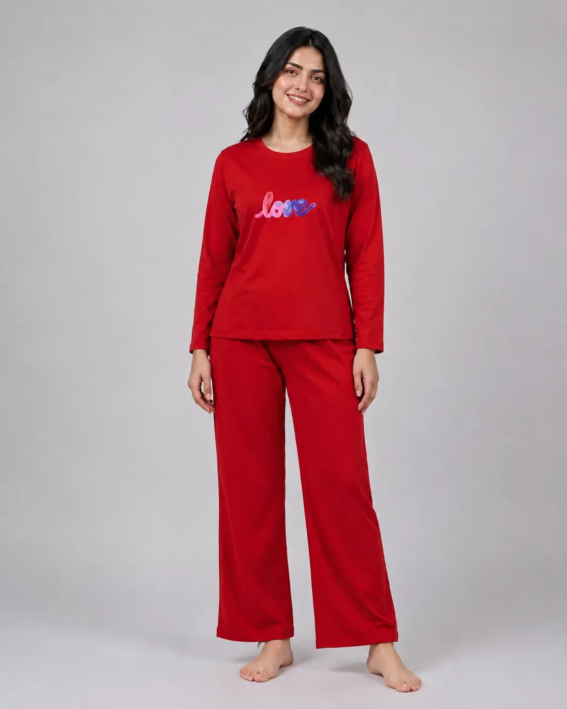 Women Round-Neck Lounge Wear | Multi Love - Red