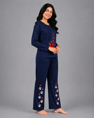 Women Round-Neck Lounge Wear | Red Butterfly - Navy Blue