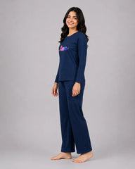 Women Round-Neck Lounge Wear | Multi Love - Navy Blue