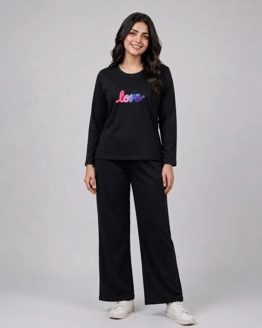 Women Round-Neck Lounge Wear | Multi Love - Black
