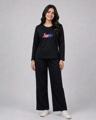 Women Round-Neck Lounge Wear | Multi Love - Black