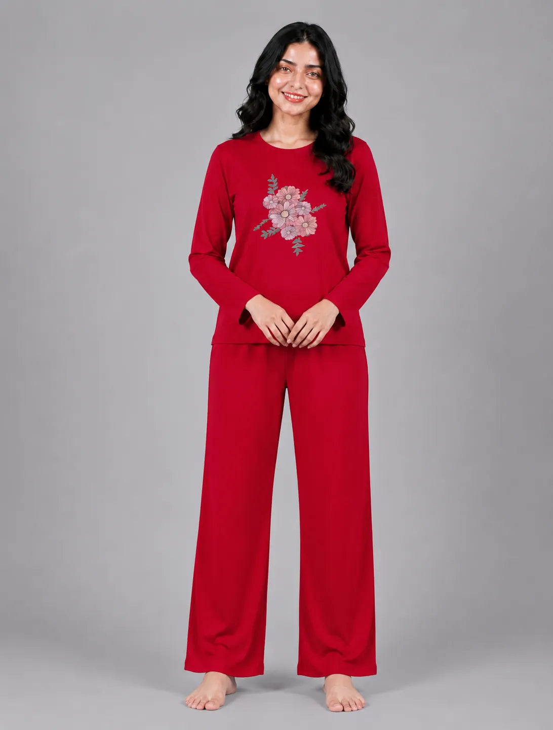 Women Round-Neck Lounge Wear | Flower - Red