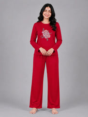 Women Round-Neck Lounge Wear | Flower - Red